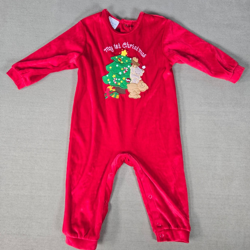 Avon Baby My 1st Christmas Red Holiday Plush One Piece Romper 9-12 Months Velvet